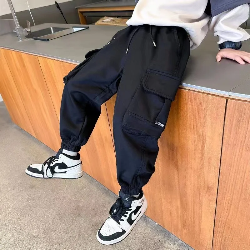 Boys Pocket Cargo Pants Winter Warm Fleece Longchildren's Warm Casual Trousers Christmas Gifts For Boys Loose-fitting Trousers