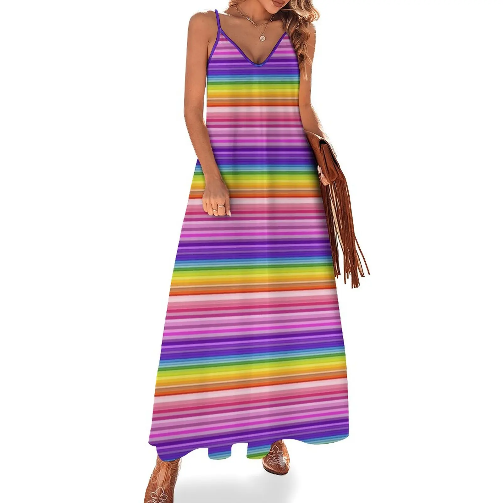 

Multi Colored Thin Stripes Rainbow Stripes Sleeveless Dress Dress women