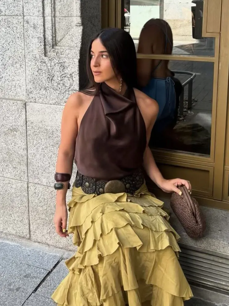 HH Women Elegant Fashion Solid  Halter Top Elegant Off-Shoulder Summer Sexy Lady Backless Tank Tops High Street Halter Neck Tops