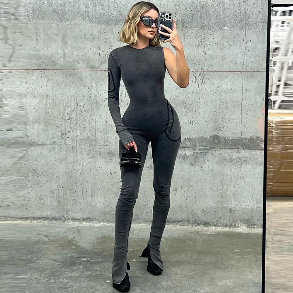 Gray Denim Jumpsuit Single Long Sleeve Sexy Bodysuit Women Clothing Club Hollow Zipper Romper Clothes Female streetwear Bodysuit