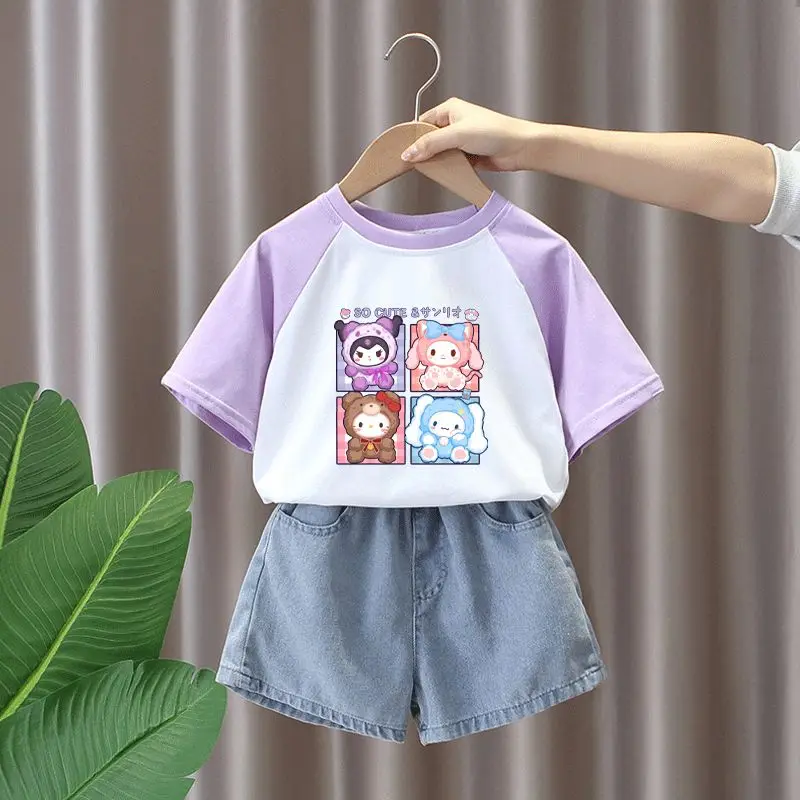 

Детский костюм из двух предметов Sanrio Kuromi Melody с коротким рукавом и шортами, удобный хлопковый топ и джинсовые шорты, Новинка лета 2023