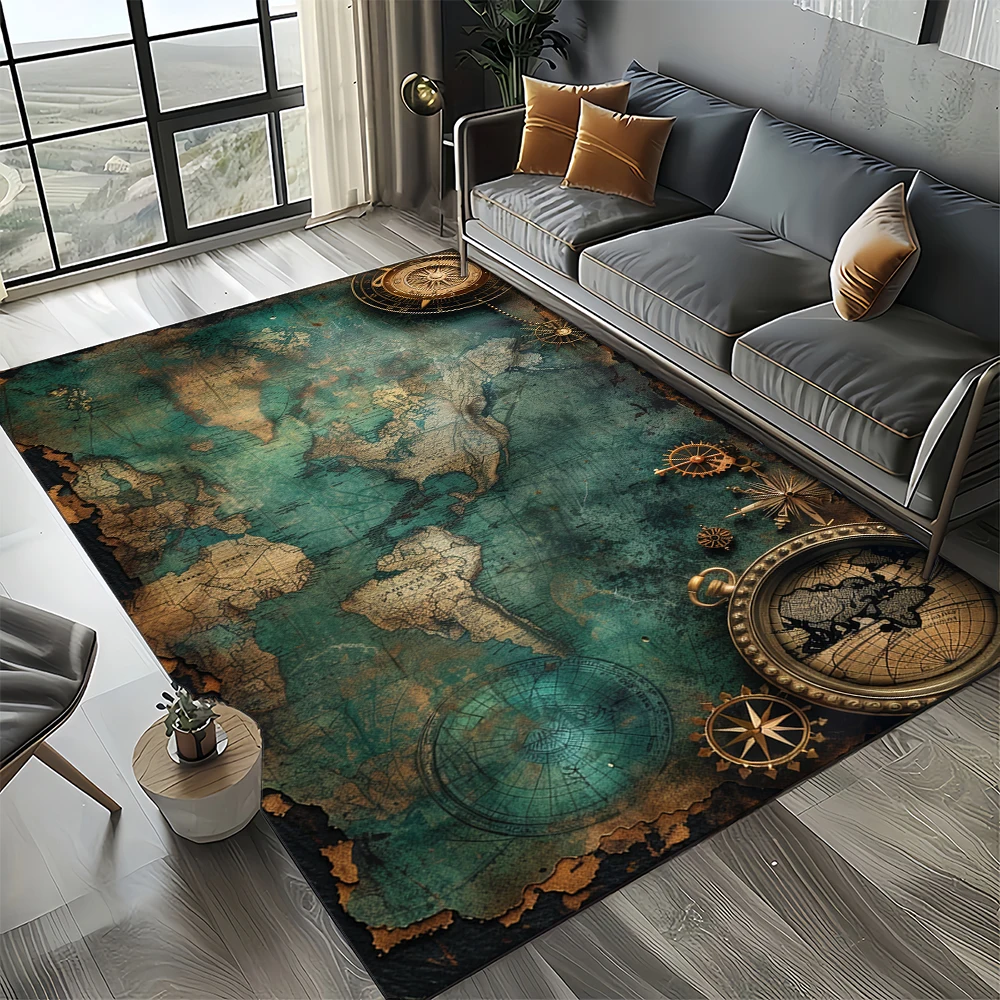 Nautical Map Rug – Retro Marine Compass Carpet | Non Slip Floor Mat for Living Room