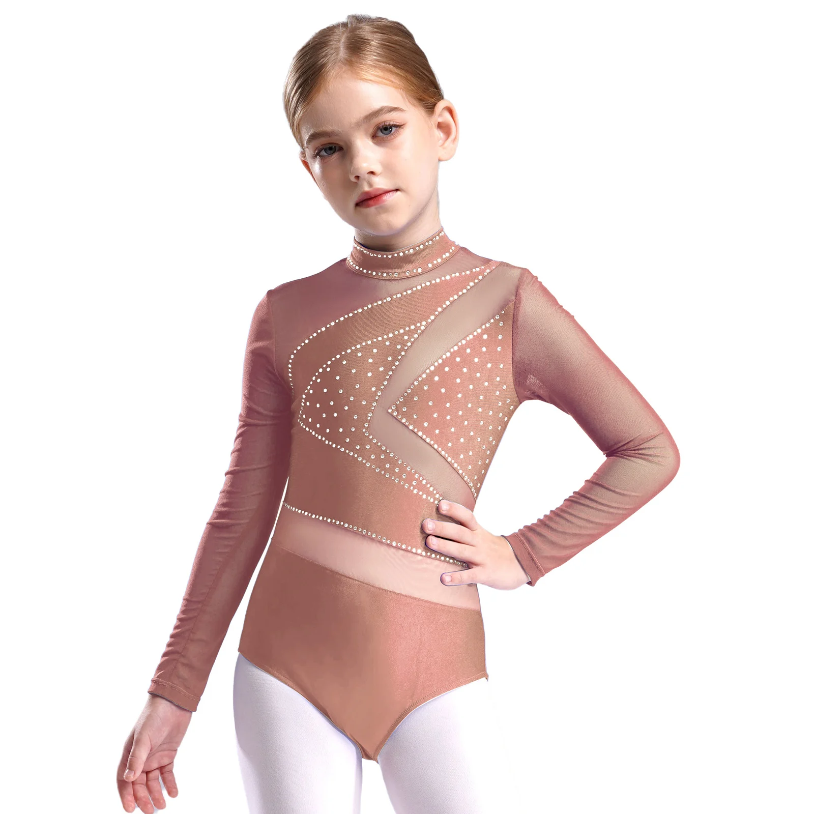 Children's Girls Gymnastics Jumpsuit Kids Figure Skating Bodysuit Costume Sheer Mesh Long Sleeve Cutout Ballet Gymnastic Leotard