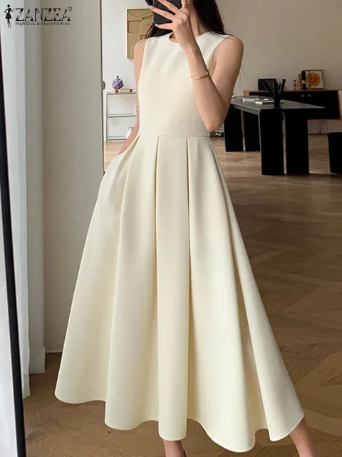 ZANZEA Women Sleeveless Pleated Dress 2025 Summer Korean A-line Tank Evening Dress Elegant Swing Vestido Vintage Party Long Robe 1
