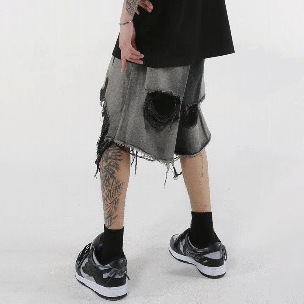 High Street Loose Washed Old Ripped Shorts American Retro Shorts Summer Street Y2K Hip Hop Tassel Wide Leg Casual Denim