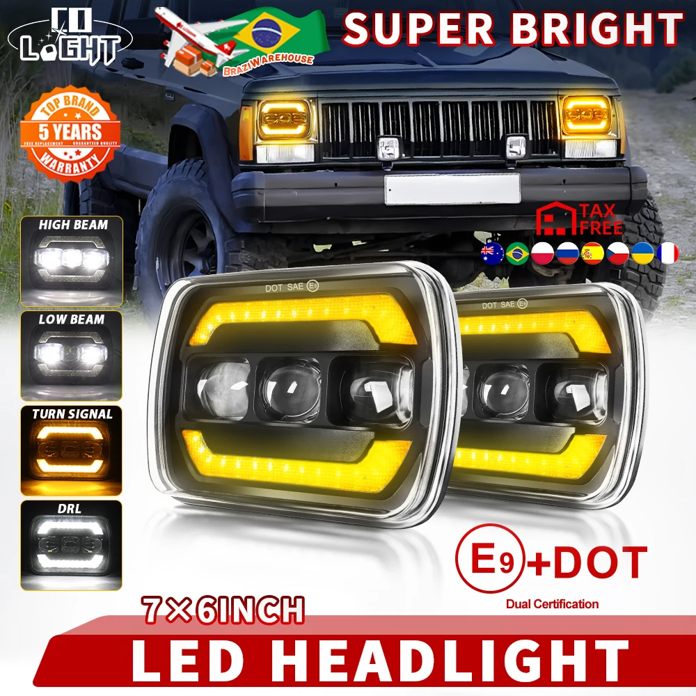 CO LIGHT 7X6 inch LED Headlights DRL Turn Signal Light DOT E9 Super Bright Hi-Lo Beam For Jeep Cherokee XJ Wrangler YJ Chevrolet