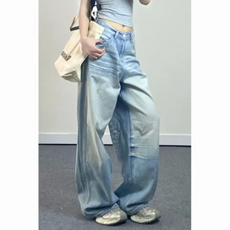 

American high street retro light blue wide leg jeans women spring loose drape hole trousers straight dragging trousers 2024