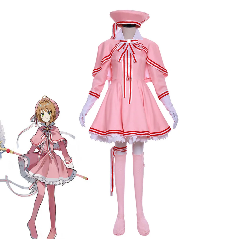 

Anime Cardcaptor Sakura Cosplay Costume Women Girls Cute Pink Cloak Lolita Dress Suits Halloween Carnival Battle Uniform Outfit