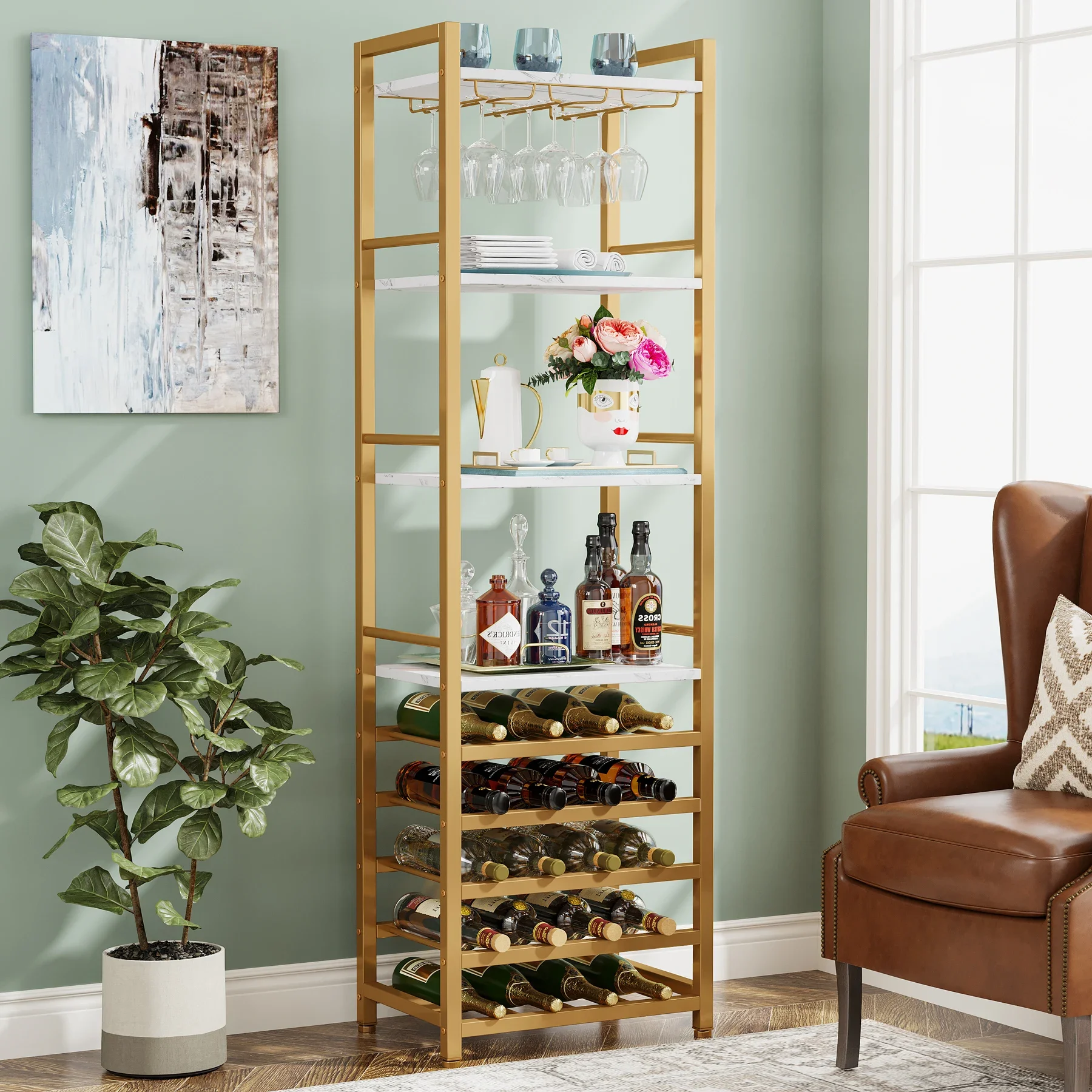 Tribesigns 20 Bottle Wine Bakers Rack, 9 Tier Freestanding Wine Rack with Glass Holder and Storage Shelves