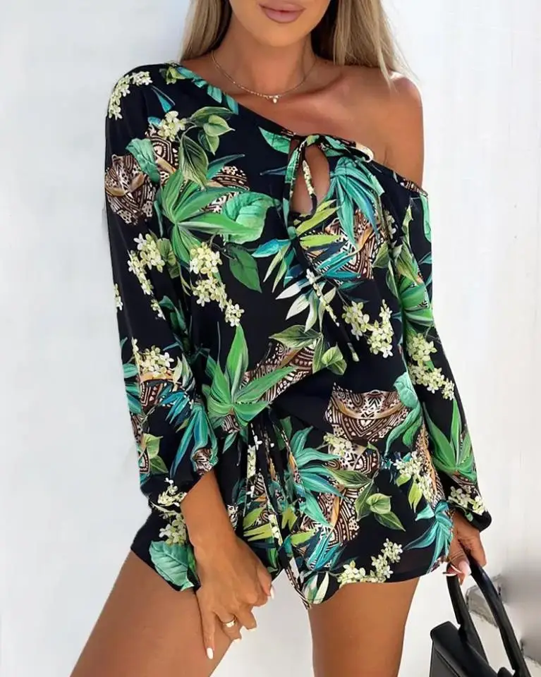 

Two Piece Sets Womens Outifits 2022 Summer Casual V-Neck Long Sleeve Floral Plants Print Cutout Top & Tied Detail Shorts Set