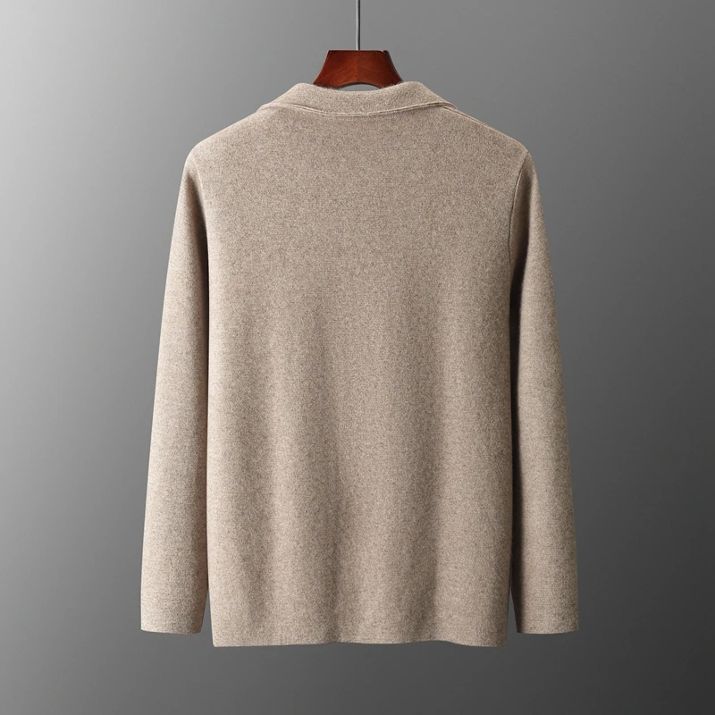 100% Merino Wool Men's Suit Collar Knitted Cardigan Autumn Winter Thickened Solid Color Suit Shirt Cashmere Jacket Sweater 2