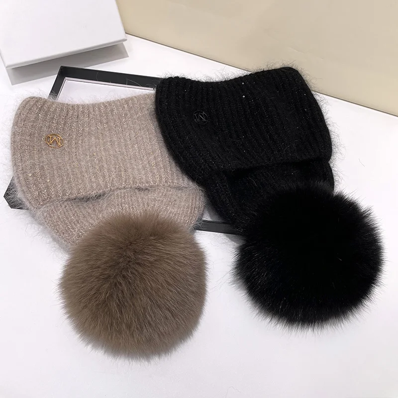 Angora shimmering sequin Beanie Hat Women with Pom Pom Hats Warm  Rabbit Fur Wool Knit Female Fashion Casual Fluffy Winter Hats 5