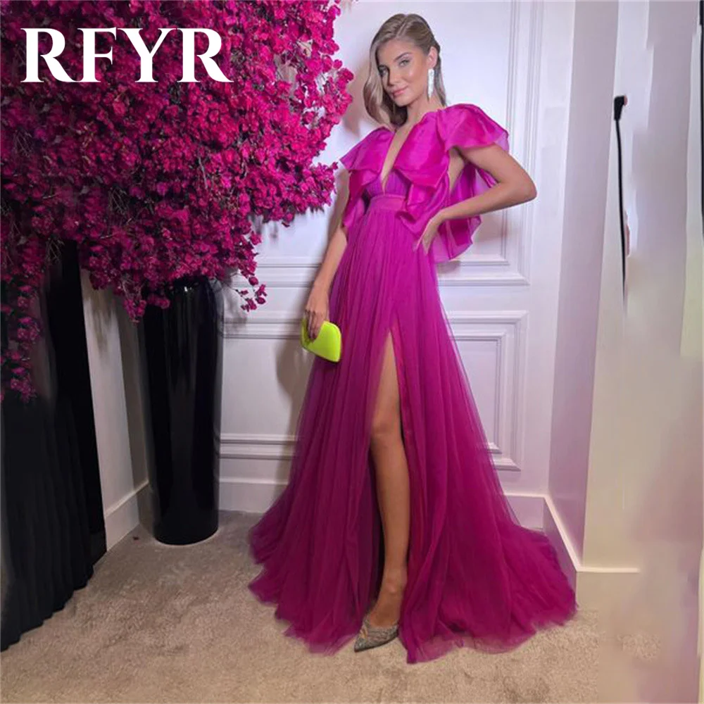 

RFYR Fuchsia A Line Prom Dress V Neck Celebrity Dresses Chiffion Women's Evening Dress With High Split Formal Gown Custom 프롬 드레스