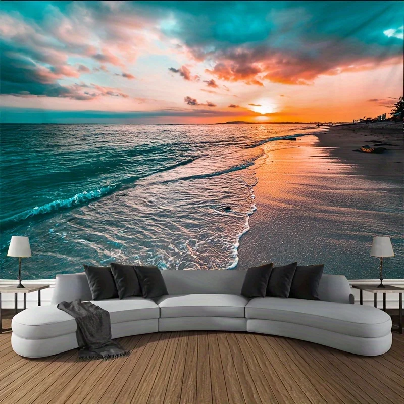 Tapisserie murale coucher de soleil sur plage bord de mer 1