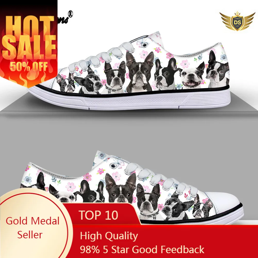 Fashion Low Top Sneakers Boston Terrier Design Canvas Shoes Women Casual Shoes White Flat Lace Up Sport Shoes