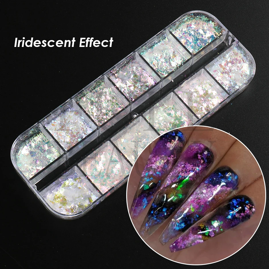 12 Grids Iridescent Nails Aurora Glitter Crystal Fire Flakes Holographic Sparkle Sequins Charms Gel Polish Manicure Flash CHJDP