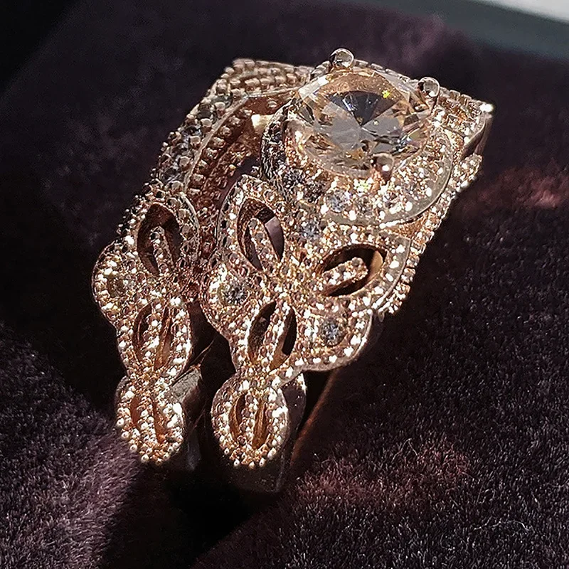 Women Wedding Ring Set Shiny Round Cut Zircon Stone Rings Rose Gold Color 2 Pcs