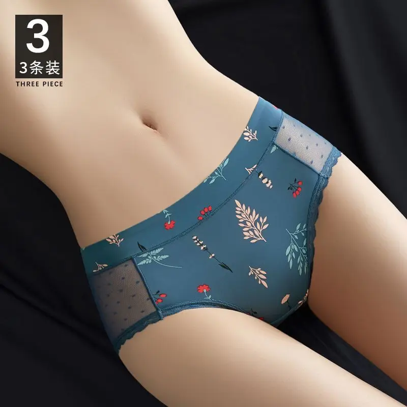 

Ice Silk Underwear Women Thin Briefs Cotton Crotch Antibacterial Sexy Panties Lace Mid Waist Pants Seamless Triangle Shorts