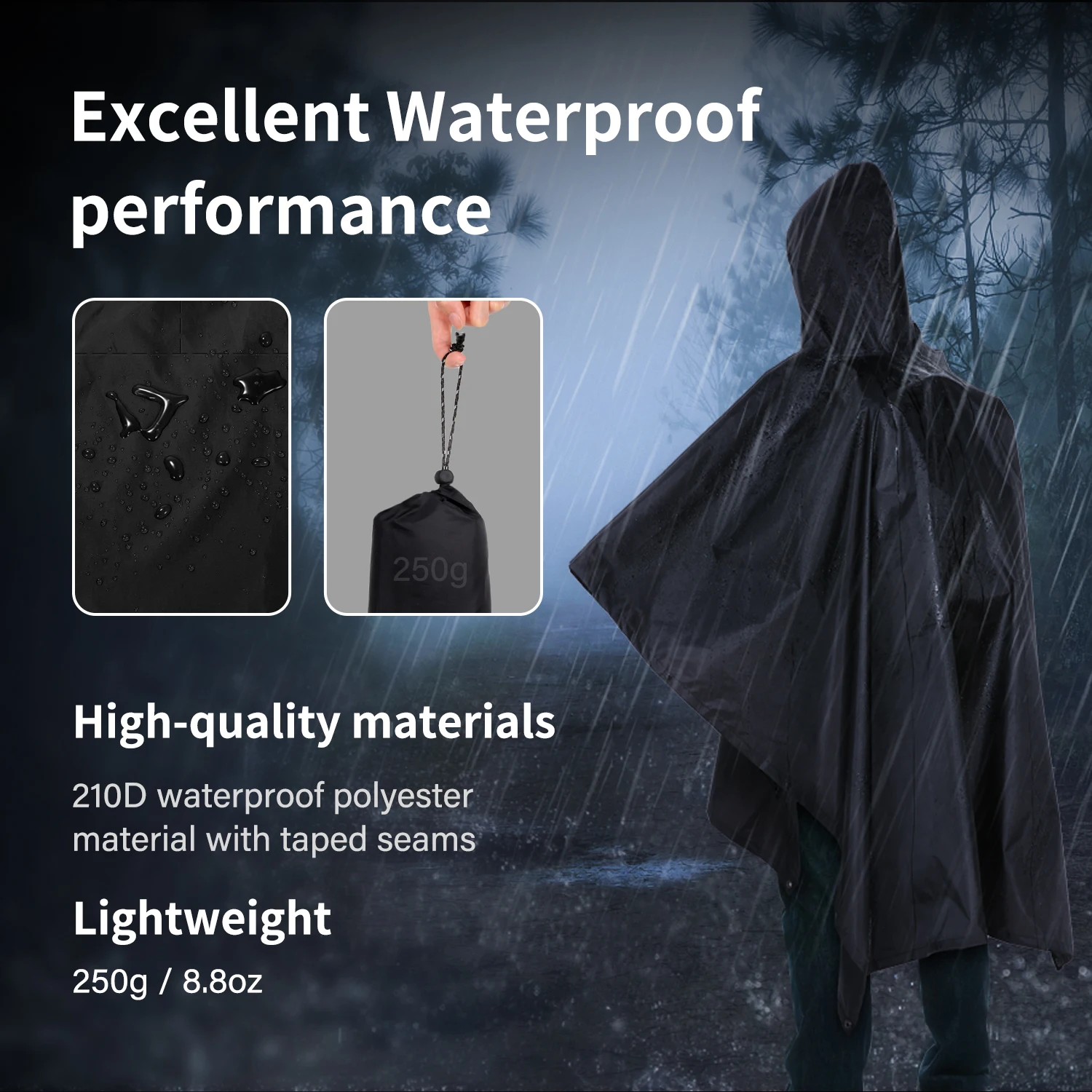 3-in-1 Waterproof Rain Poncho Lightweight Hooded Rain Coat Picnic Mat Blanket Sun Shelter for Outdoor Camping Hiking Cycling