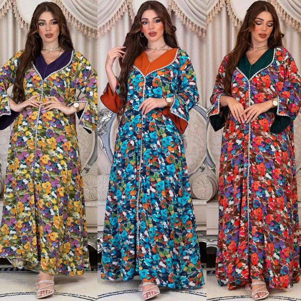 

Eid Ramadan Floral Print Party Abaya Women Muslim Satin Maxi Dress Islamic Jalabiya Marocain Kaftan Dubai Robe Lapel Caftan Gown