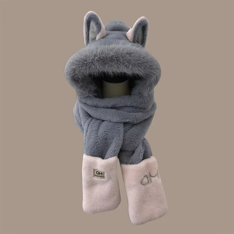 Winter New Outdoor Fox Warm Ear Protection Scarf, Furry and Fashionable One-piece Plush Hat