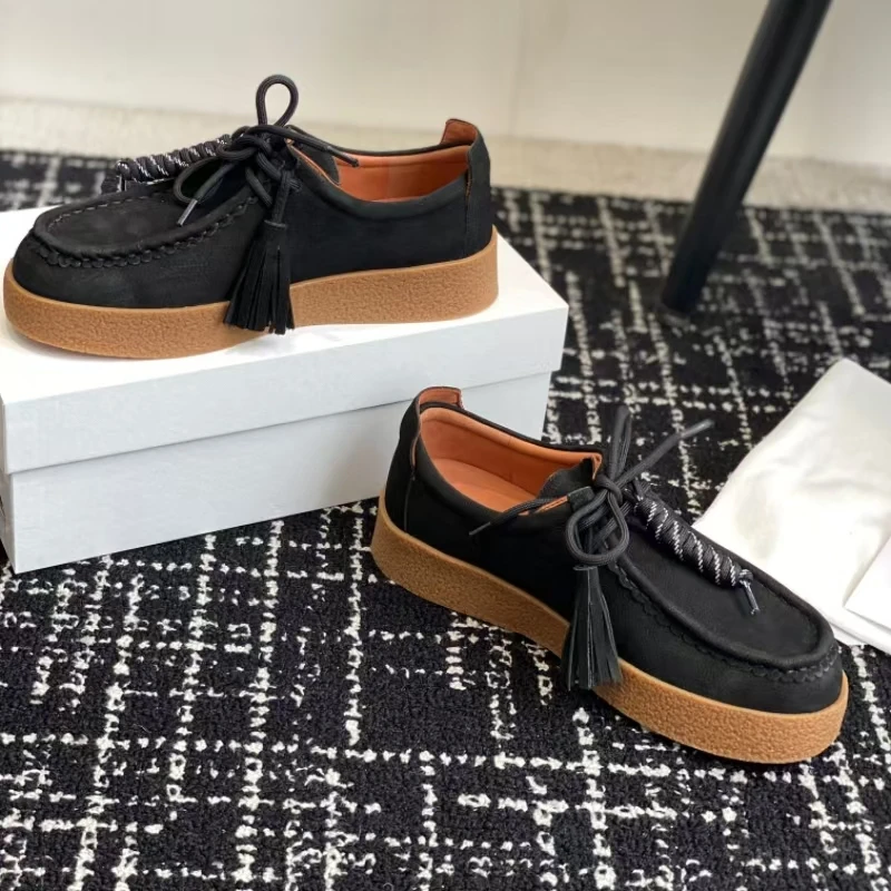 2025 Desinger Real Leather Round-Toe Thick Sole Lace-Up Woman Loafers Mules Clogs Shoes For Woman Fringe Decora Sapato Feminino 5