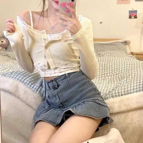 여성용 싱글 브레스트 가디건 세트, 섹시한 소녀 크롭 캐미솔, 부드러운 스트리트웨어, 홀리데이 신상, 신선한 시크, 여름 4