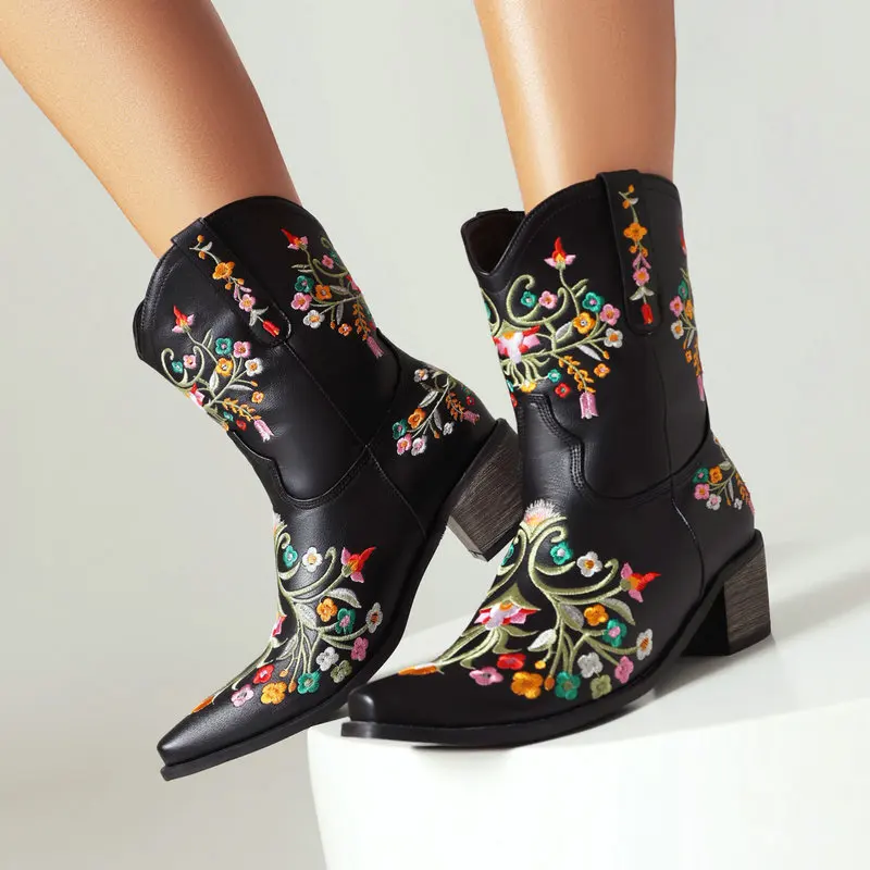 

Ethnic Floral Embroider Western Cowboy Ankle Boots Big Size 47 48 46 Pointed Toe Chunky High Heels Wide Calf Slip-on Women Shoes