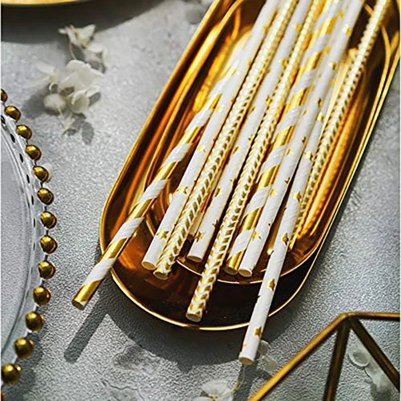 100 Striped/Wave/Heart/Star Straws for Birthday, Biodegradable Gold Paper Straws, Wedding, Celebrations and Party Supplies