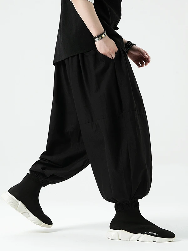 Loose Wide Leg Cotton Linen Men's Lantern Pants Breathable Summer Casual Trousers Harlan Long Pants Middle High Waist