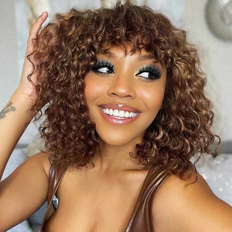 

Jerry Curly Glueless Wig Highlight P4/30/27 Water Wave Short Pixie Bob Cut Human Hair Wigs With Bangs Blonde Wigs For Women