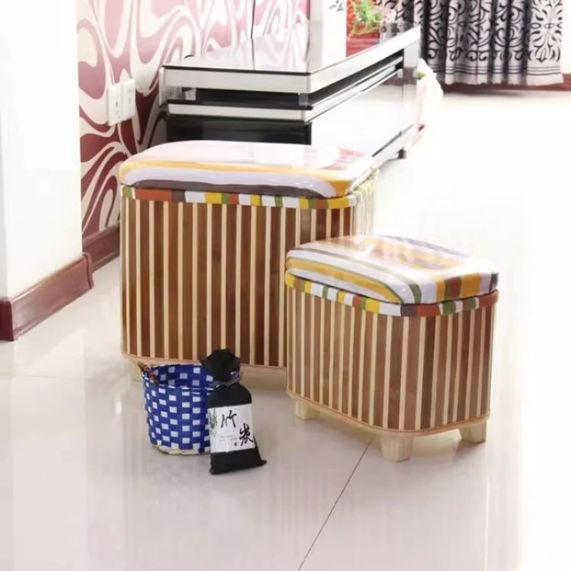 Bamboo Woven Storage Stool and Multi-Functional Wooden Bench