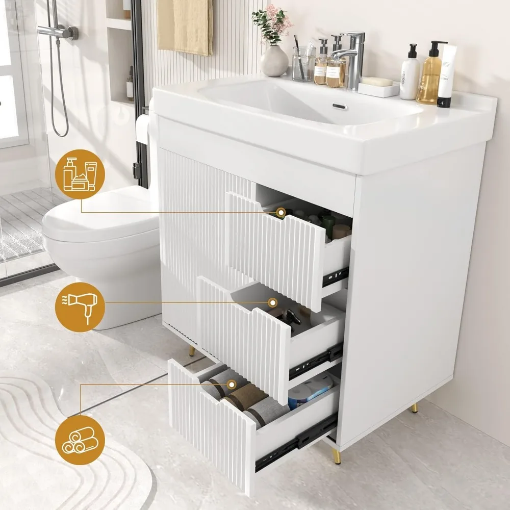 Bathroom Vanity with Sink, 31'' White Bathroom Sink Cabinet with Glide Door and 3 Drawers, Ceramic Sink Vanity Modern 5