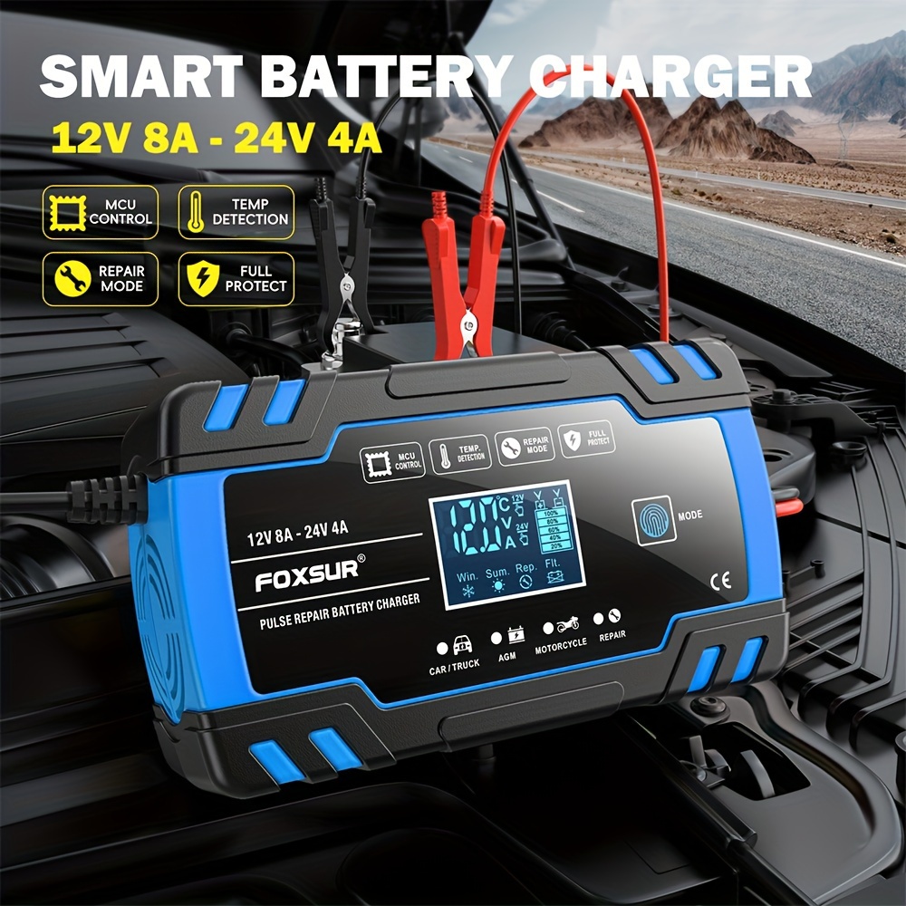 Automatic Car Motorcycle Battery Charger 12V 8A 24V Intelligent Fast Charging AGM/GEL WET Lead Acid Battery Charger LCD Display