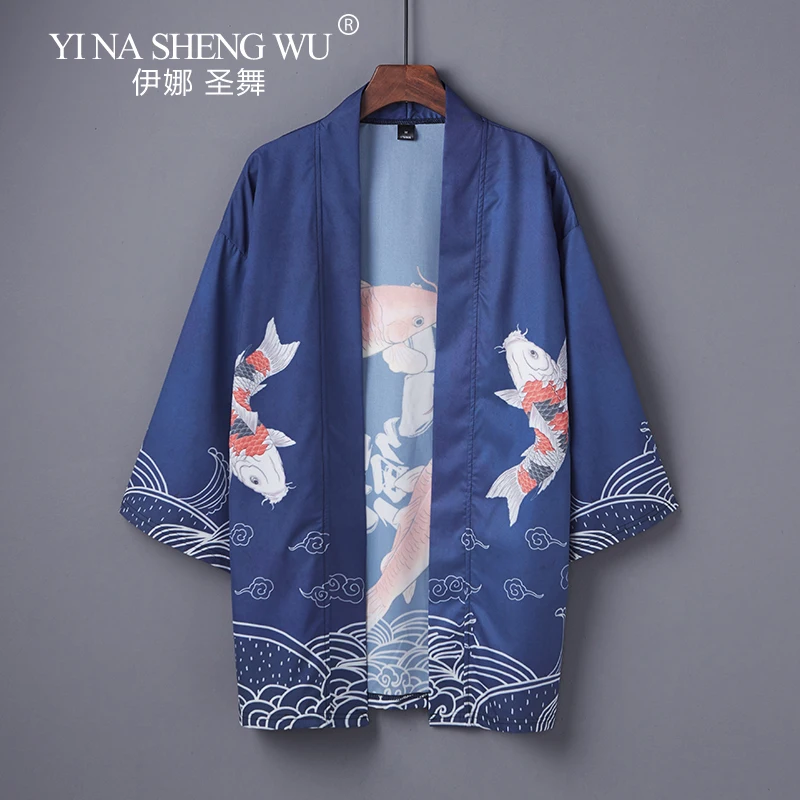 Summer Casual Kimono Cardigan Koi Wave Print Traditional Haori Japanese Style Kimono Women Men Unisex Yukata Blue Coat