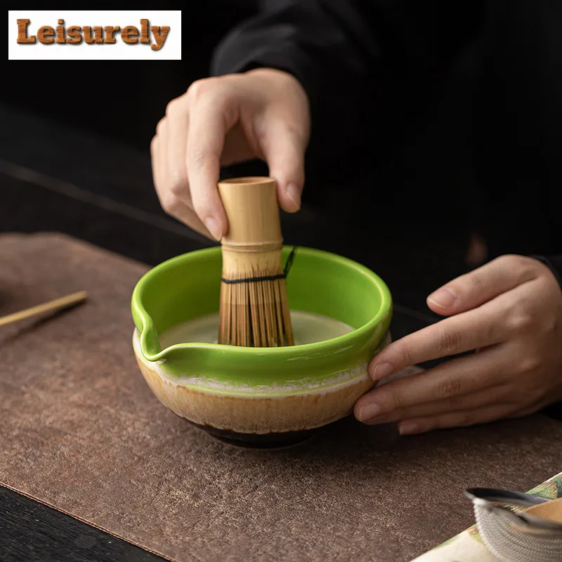 2pc/set Kiln Change Green Matcha Tea Set With Ceramic Bowl Bamboo Matcha Whisk Holder Tea Sets Tea-making Tools Accessories Gift