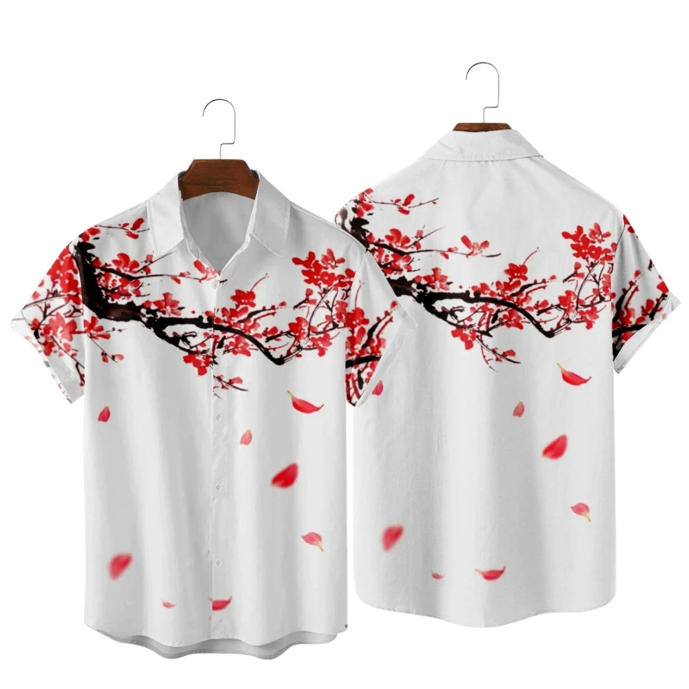 2022 plum blossom and fallen leaves print shirt apparel, fashion casual beach retro Chinese style, men's autumn and summer shirt the fallen leaves опавшие листья кн на англ яз