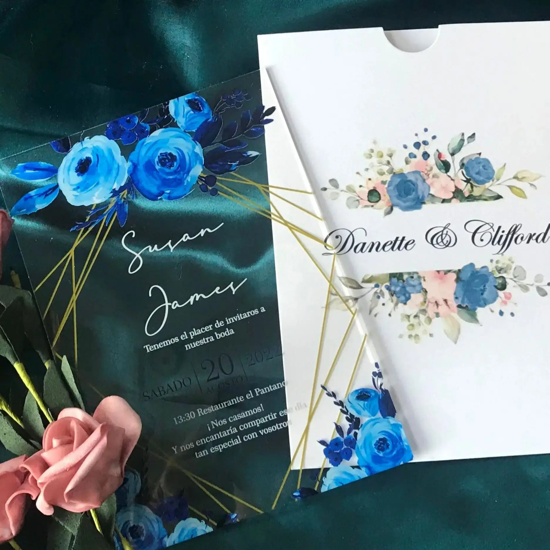 

Acrylic Wedding Invitations, Customized Pocket Envelope,Royal Blue,Pink Rose,Peony Invitation,Acrylic Invite, 10Pcs