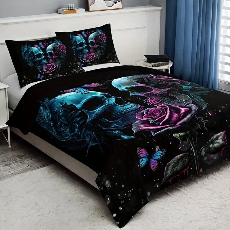 3pcs Duvet Cover Set (1*Duvet Cover + 2*Pillowcase, Without Core), Fashion Gothic Rose Skull Print Bedding Set