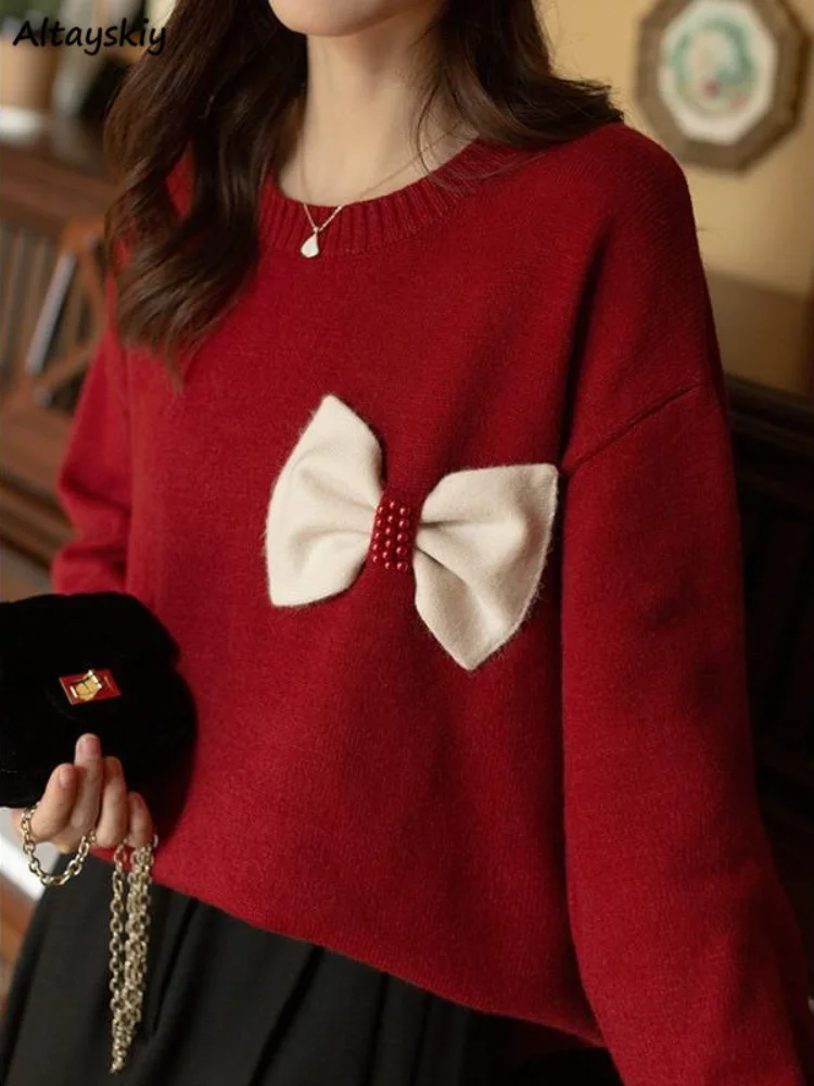 

Pullovers Women Christmas New Year Red Trendy Bow Design Lovely All-match Sweaters Harajuku Fall Winter Ladies Sweet Knitwear