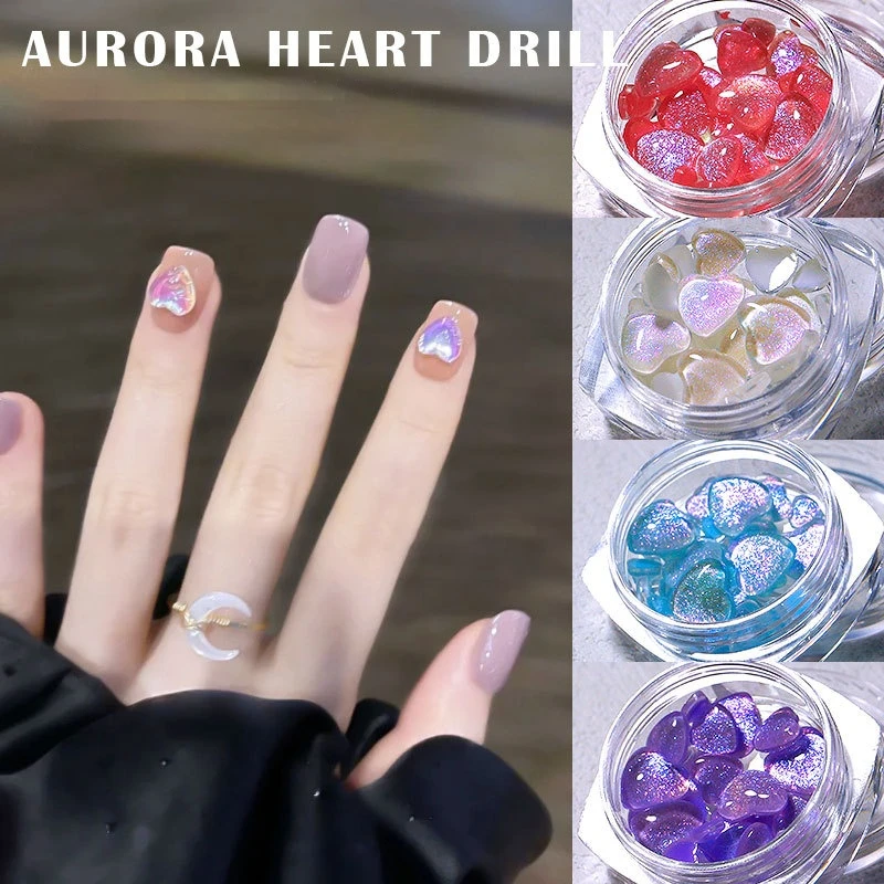 

1 Box Aurora Nail Charms Love Heart Mixed Size Nail Decorations Clear Resin Nail Charms Rhinestone for Manicure Accessories