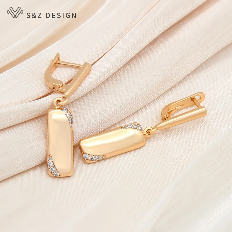 S&Z DESIGN New Symmetry Square Metal Dangle Earrings 585 Rose Gold Color Natural Zircon Women Wedding Vintage Fashion Jewelry