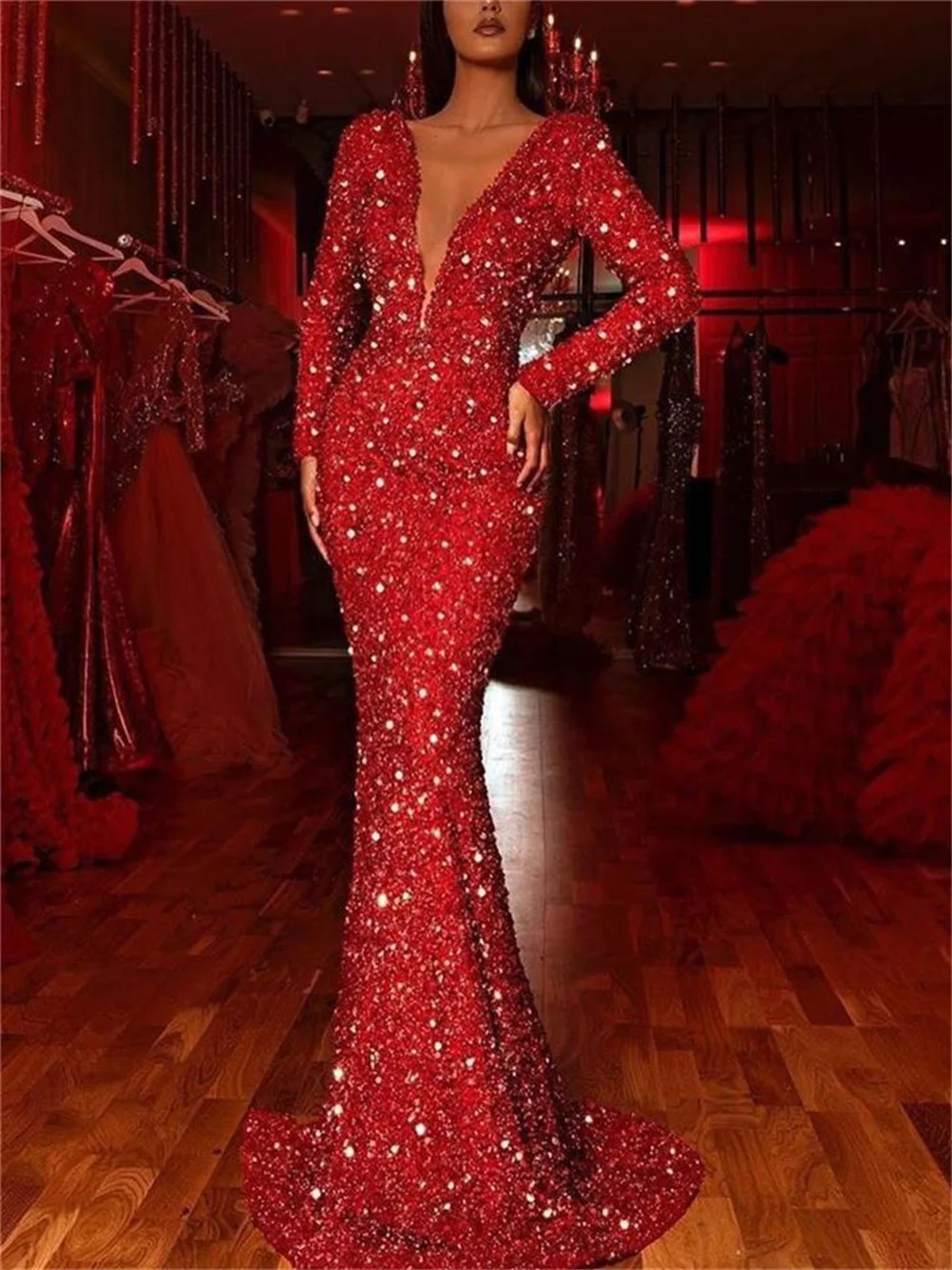 

Elegant Women Evening Party Dress 2023 Red Sequins Deep V-neck Maxi Dress Fashion Mermaid Long Sleeve Formal Dresses