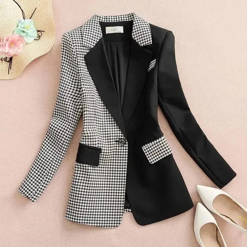 

2023 New Black Stitching Houndstooth Blazer Spring Autumn Women Dress Design Temperament Casual Small Suit Korean Loose Suit Top
