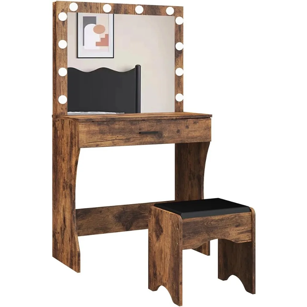 Vanity Desk with Mirror and Lights, Vanity Set Makeup Vanity Table with Adjustable Lights One Drawer Storage Makeup Table