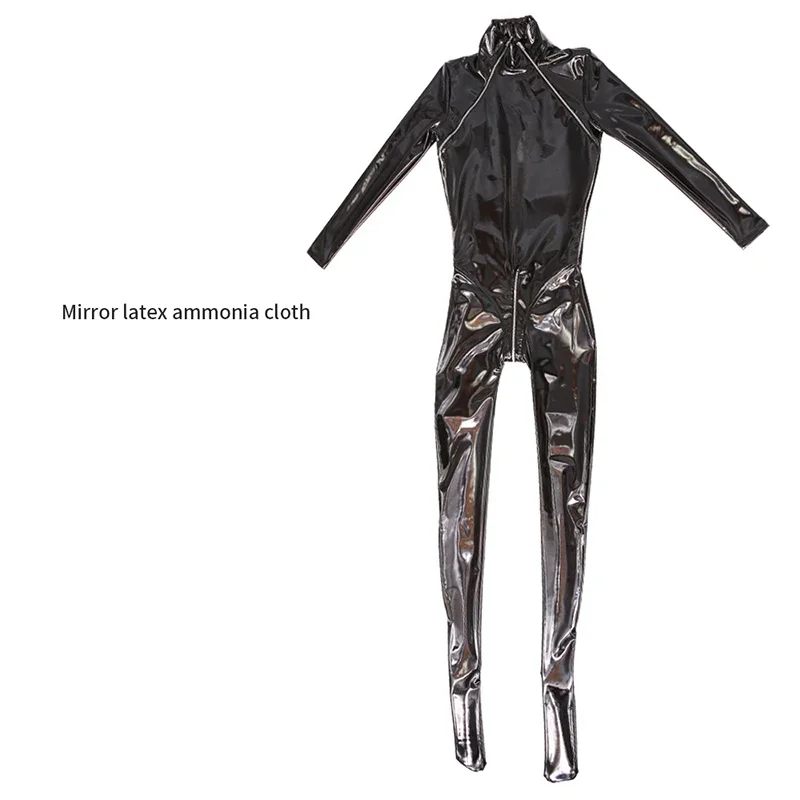

Women's Wetlook Zip Open Bust Crotch Leather Jumpsuit, Sexy Patent Latex Pantyhose, Faux Leather Catsuit, Clubwear Custom