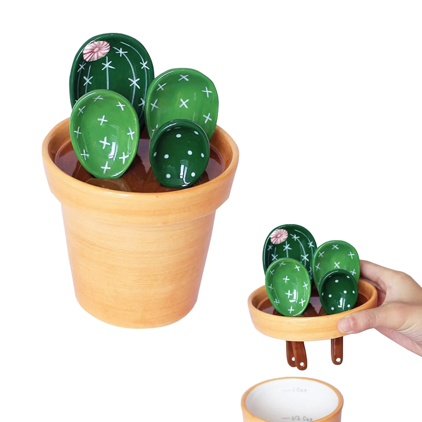 Cartoon Cactus Measuring Spoons Set Baking Tool with Holder Stand