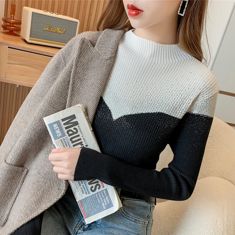

Женский трикотажный свитер в Корейском стиле, Привлекательный Топ составного кроя с длинными рукавами и блестящими стразами, модель 2024 на осень и зиму, 31110