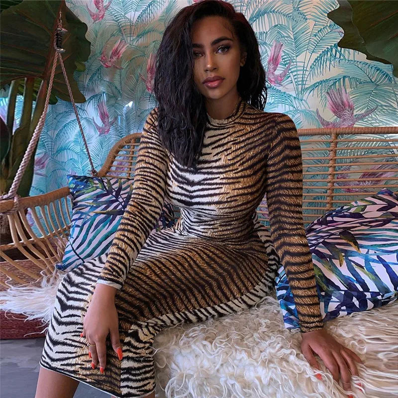 New Fashion Spring and Autumn Round Neck Women's Long Sleeve Leopard Print Slim Dress Street Sexy Casual Bodycon Long Dress