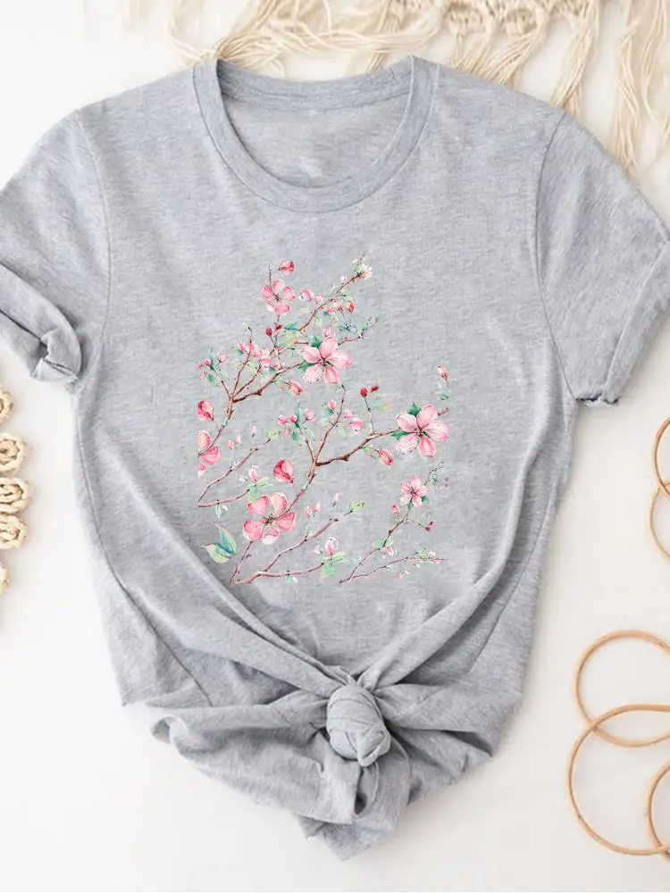 Women Clothing Print Gray T Shirt Short Sleeve Summer Top Plant Flower Trend Fashion Clothes Basic Tee Graphic T-shirt